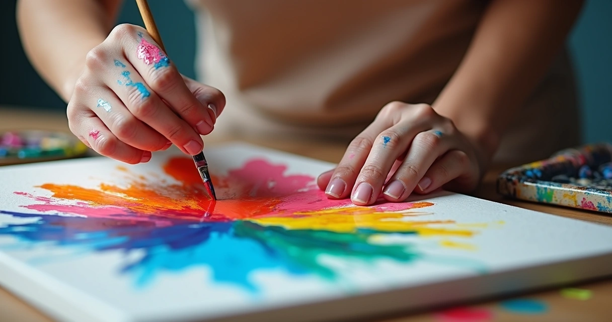 Hands painting on canvas with paint smudges