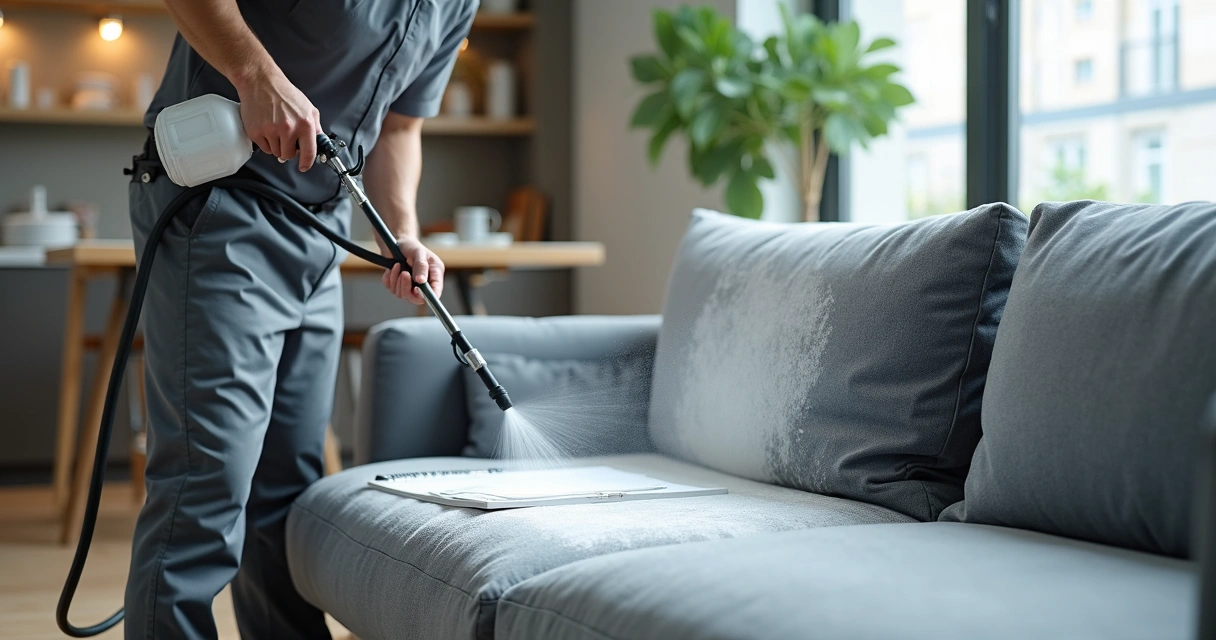 Profissional impermeabilizando sofá em ambiente residencial 