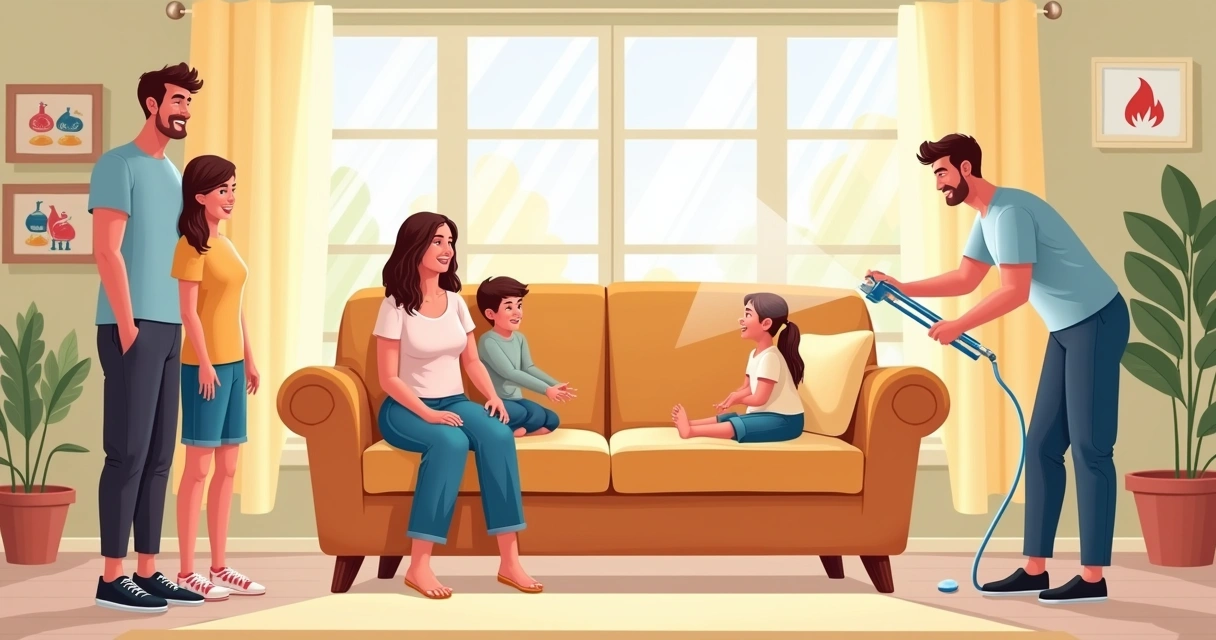 Família aplicando impermeabilização em sofá 