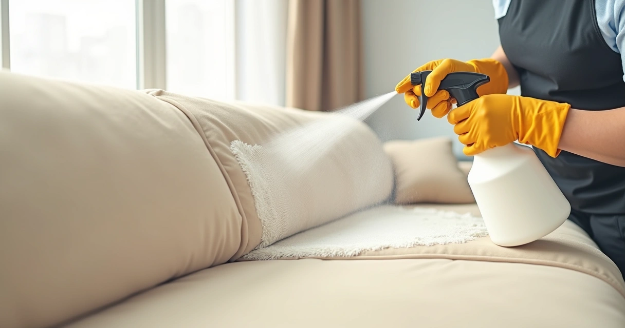 Profissional aplicando impermeabilizante em sofá com pulverizador 