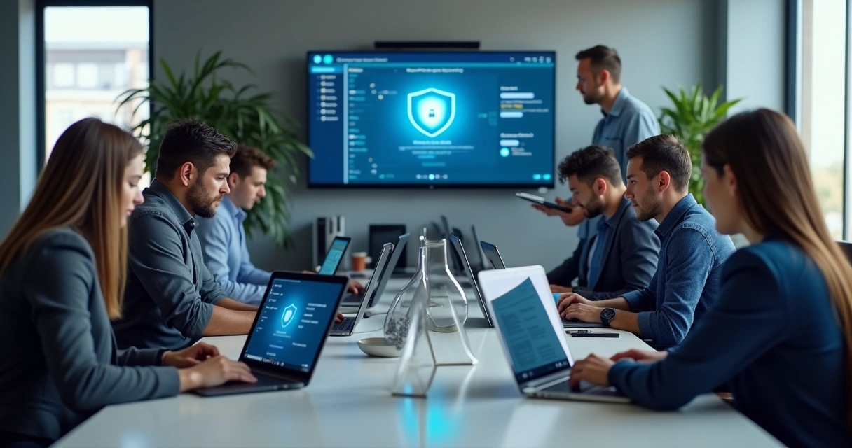 Equipe de TI implantando proteção em computadores corporativos 