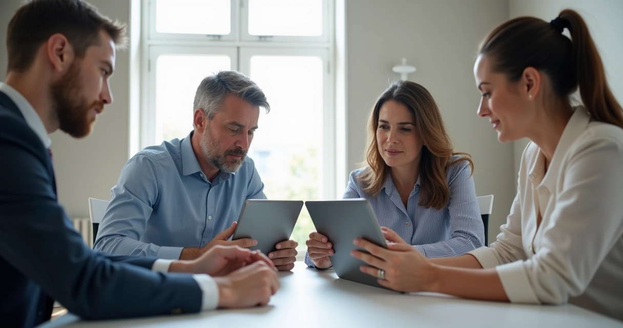 Síndico e equipe configurando app de gestão condominial em escritório