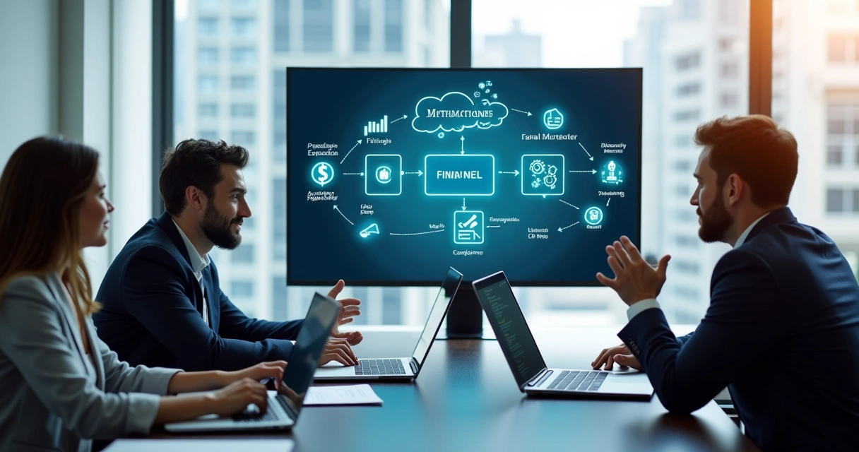Equipe discutindo implantação de automação financeira com gráficos em tela 