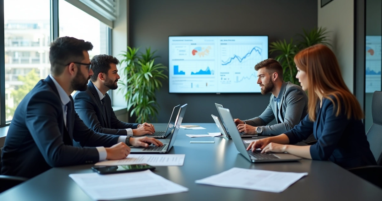 Equipe de profissionais reunida planejando implantação de BPO Financeiro em ambiente moderno de escritório com computadores e gráficos financeiros na tela 