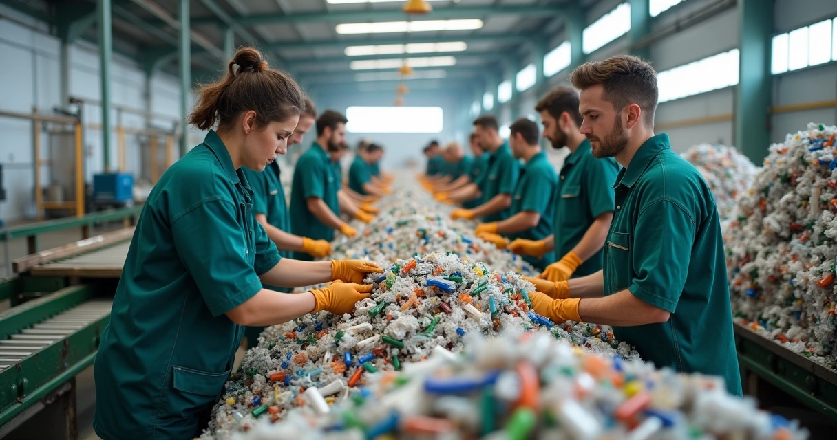 Cooperativa de catadores realizando triagem em centro de reciclagem 