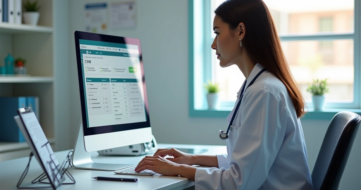 Profissional usando CRM em clínica veterinária moderna com computador, agenda digital e decoração clean 