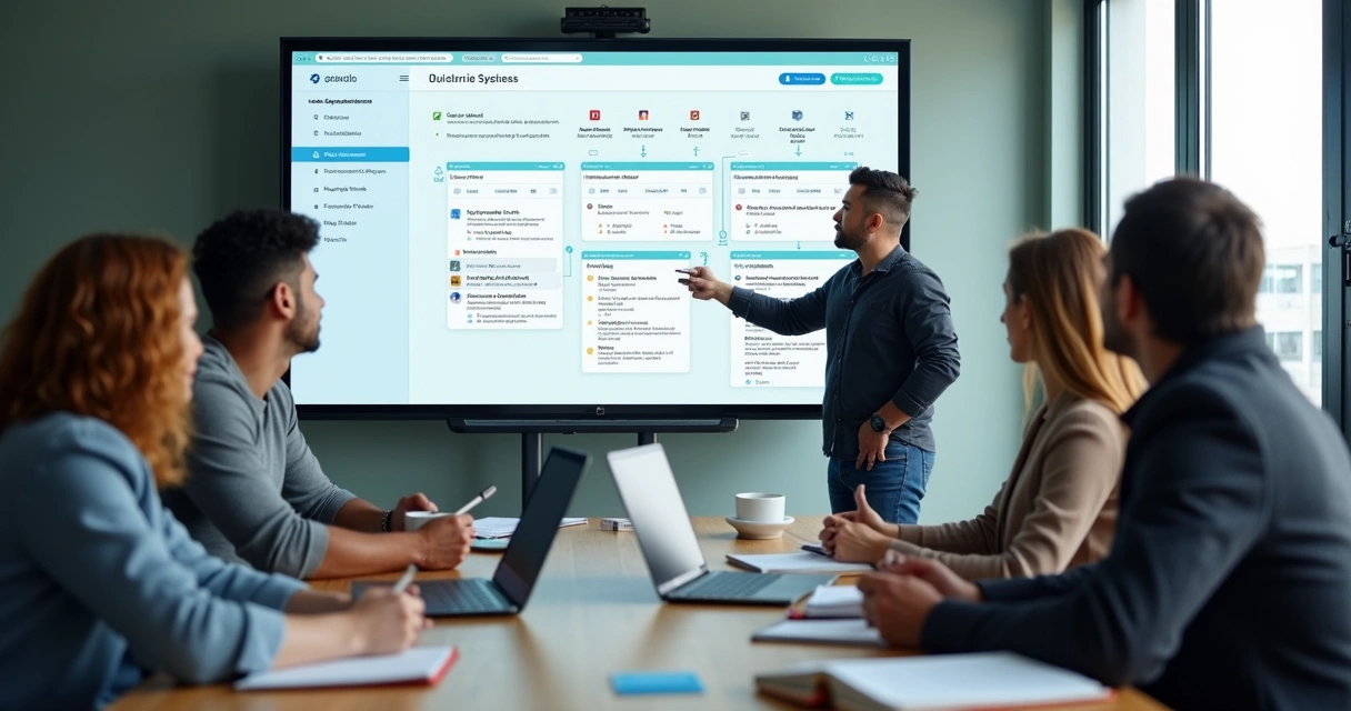Team configuring CRM in a meeting room