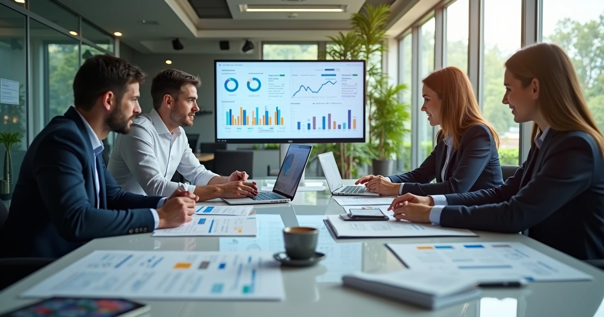 Profissionais diversos trabalhando juntos em uma sala moderna com computadores e gráficos de CRM na tela 