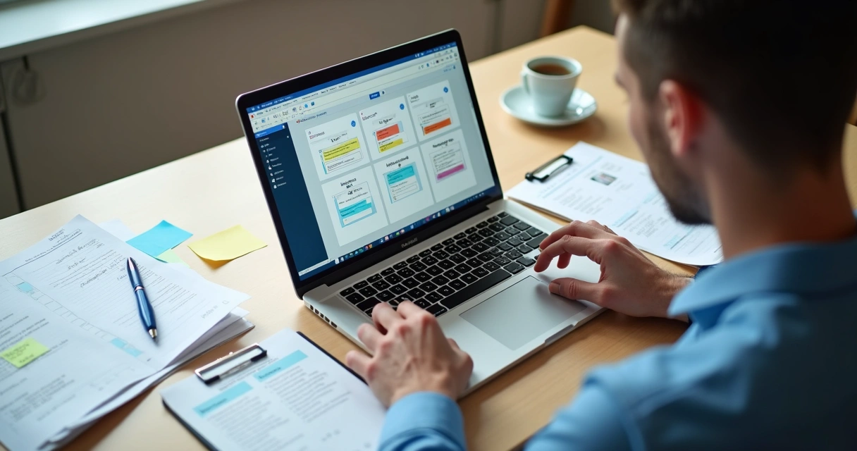 Manager planning CRM implementation with checklist and laptop
