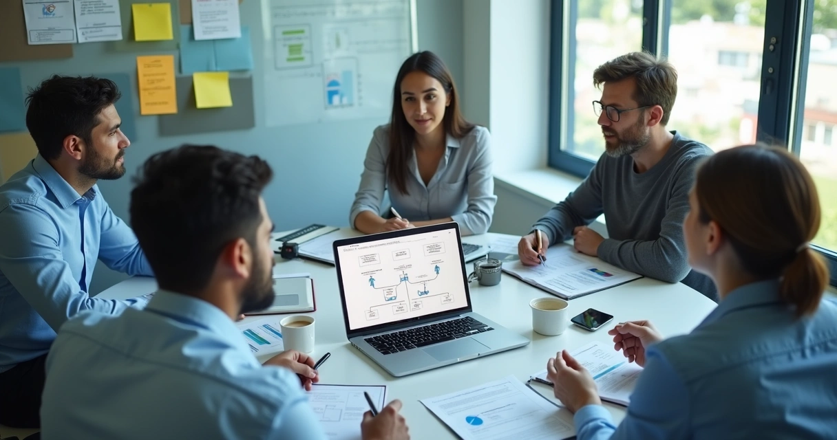 Team in a meeting planning CRM implementation with notes and graphs