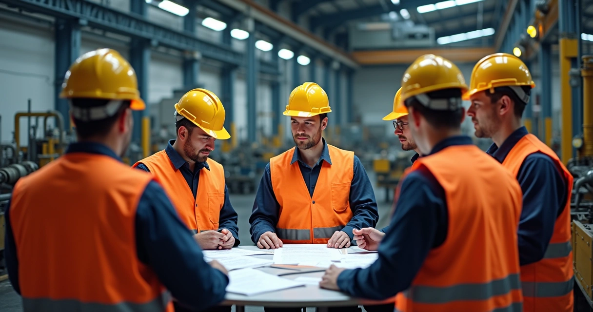 Equipe de segurança do trabalho em reunião com profissionais terceirizados em ambiente industrial, discutindo procedimentos de segurança 
