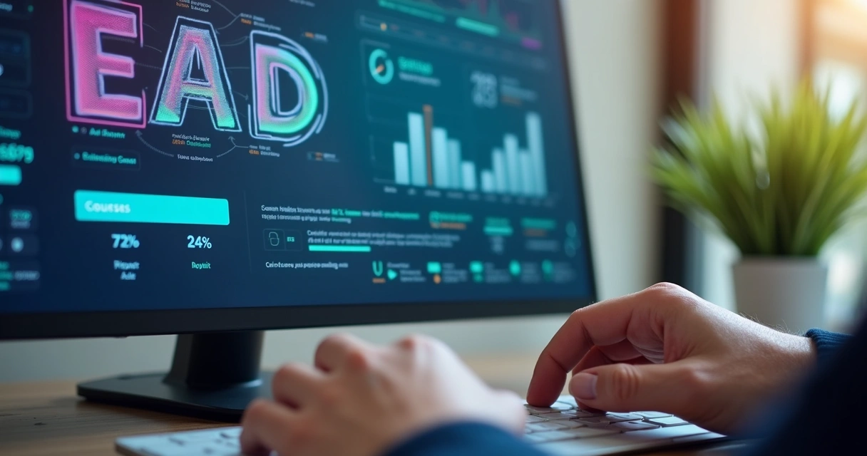 Tela de computador mostrando plataforma EAD com cursos sendo configurados rapidamente