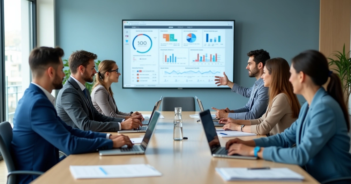 Team gathered implementing CRM in a meeting room