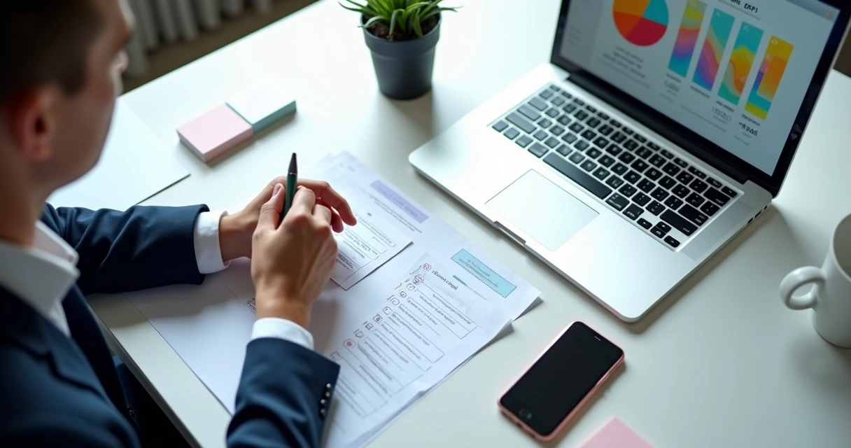 Gestor marcando checklist de implantação ERP em notebook