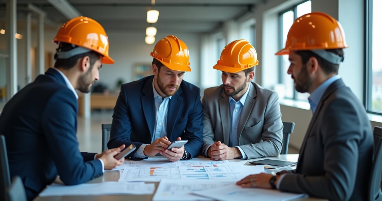 Implantação de ERP em empresa de engenharia, gerente mostra tela do sistema no celular para equipe de campo e escritório. 