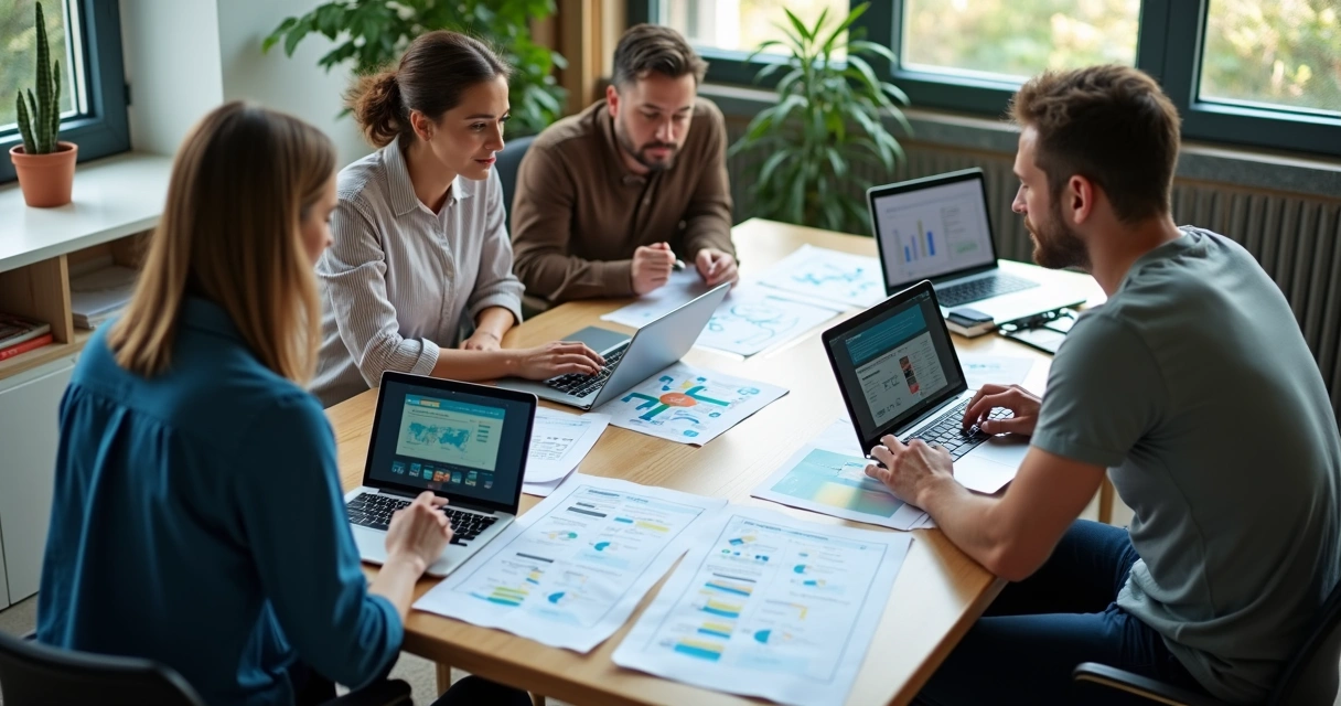 Equipe pequena discutindo implantação de sistema ERP integrado 