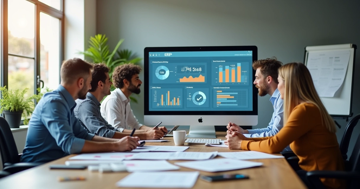 Equipe reunida ao redor do computador analisando ERP