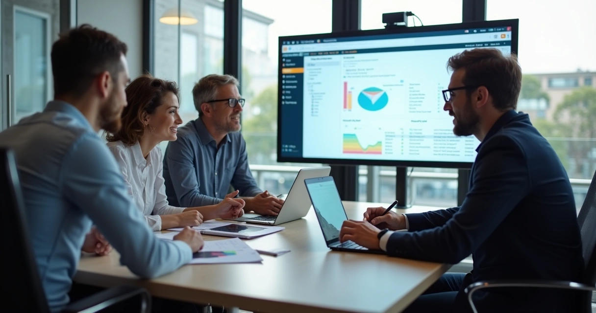 Equipe em reunião de implantação de ERP 