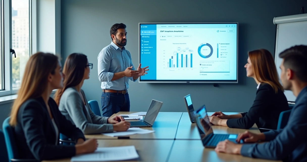 Equipe em treinamento de implantação de ERP em sala de reunião