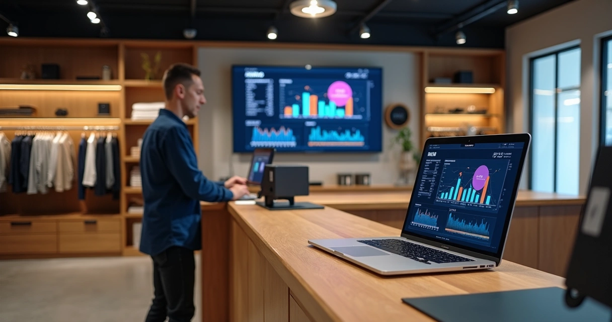 Gestor de varejo analisando painel de ERP com integração entre loja física e online 