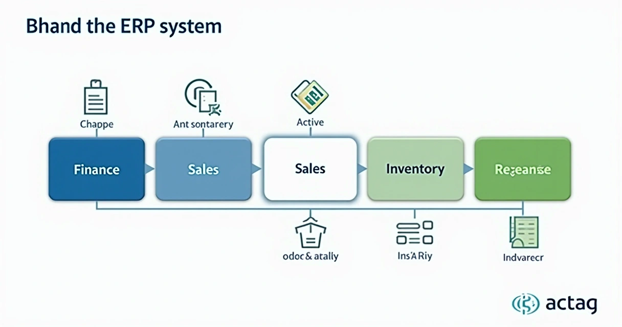 Fluxo visual de implementação de ERP em pequenas fases, com destaque para um módulo ativo 