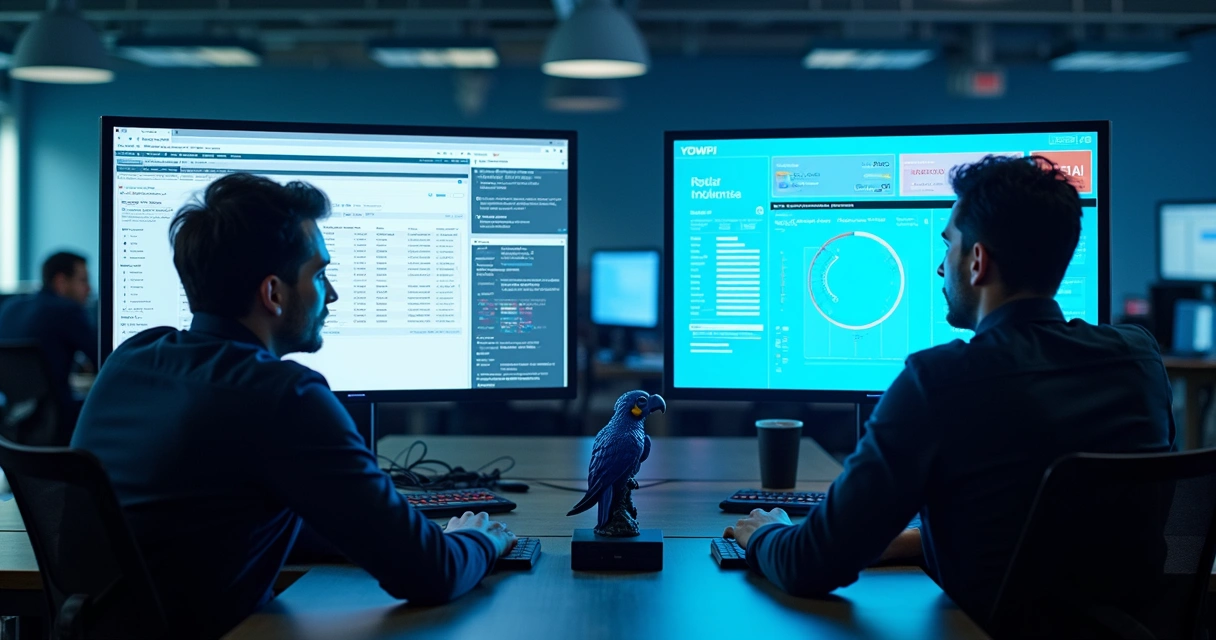 Equipe de TI diante de duas telas mostrando sistemas antigo e novo lado a lado 