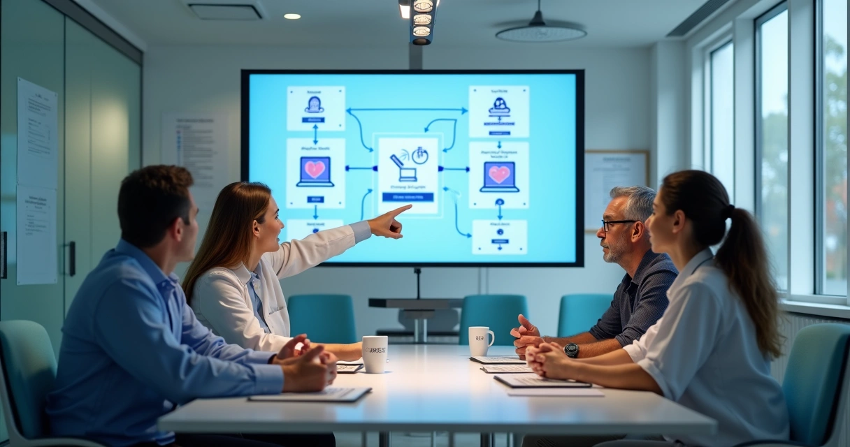 Equipe de clínica odontológica debatendo implantação de IA 