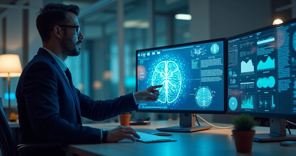 Ambiente corporativo com gestor analisando painel digital de inteligência artificial para PMO 