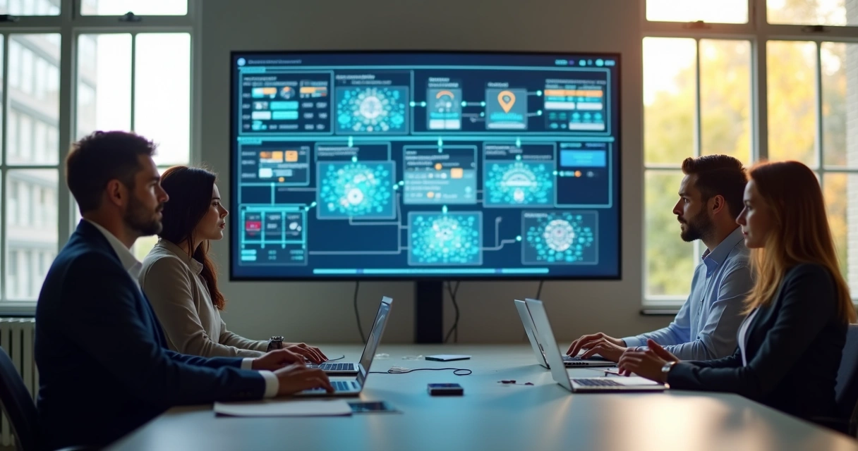 Equipe de trabalho reunida analisando gráficos em monitor exibindo fluxos de trabalho digital 