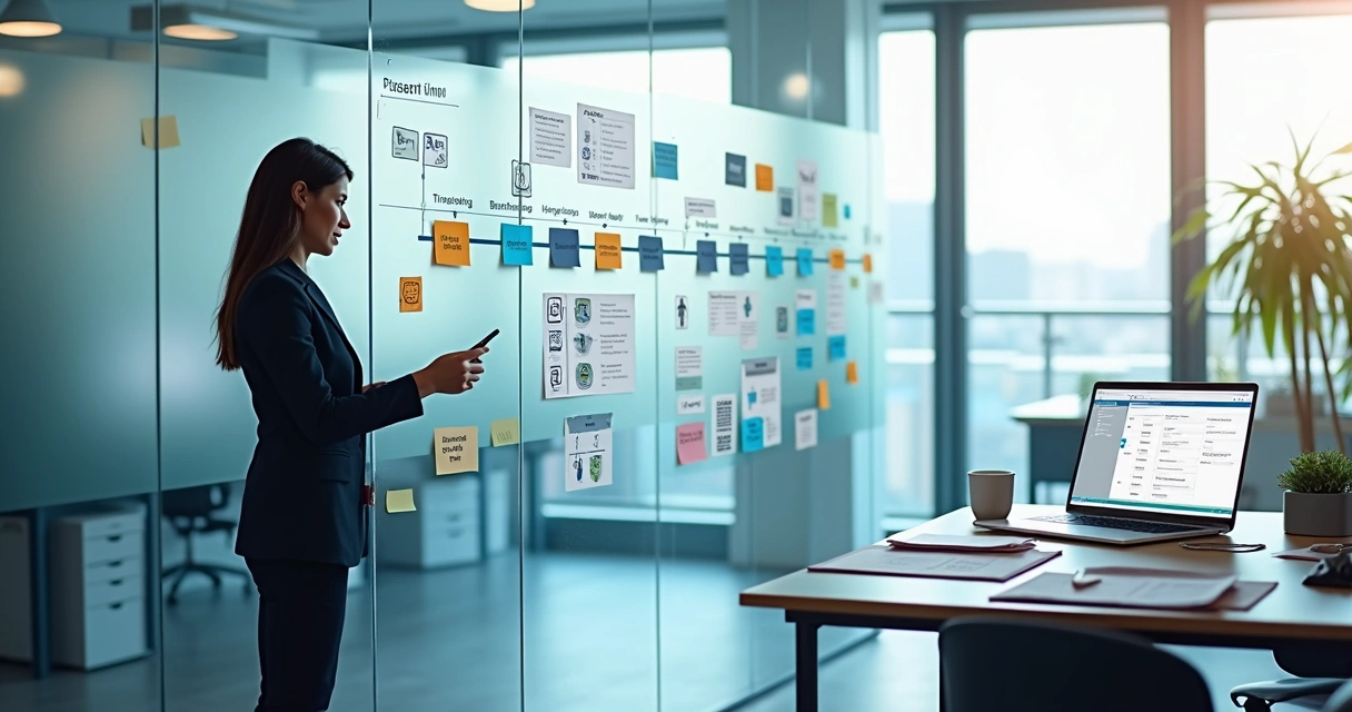 Gestor organizando implantação ISO 9001 no escritório