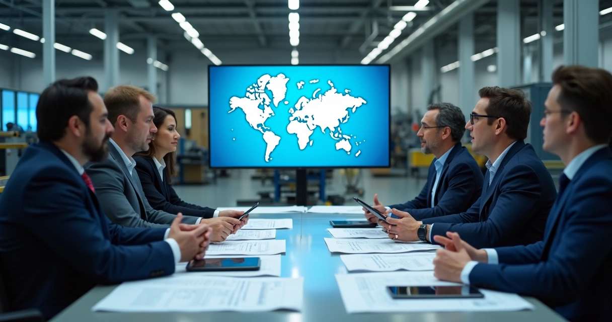 Gestores industriais discutindo mapa de ativos na fábrica 