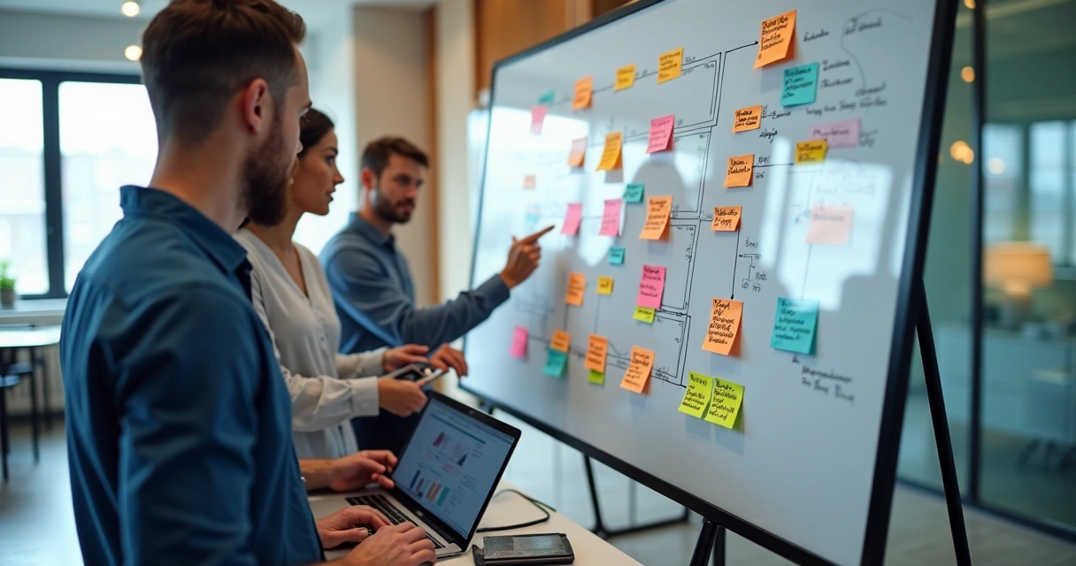 Profissionais mapeando processos no escritório 