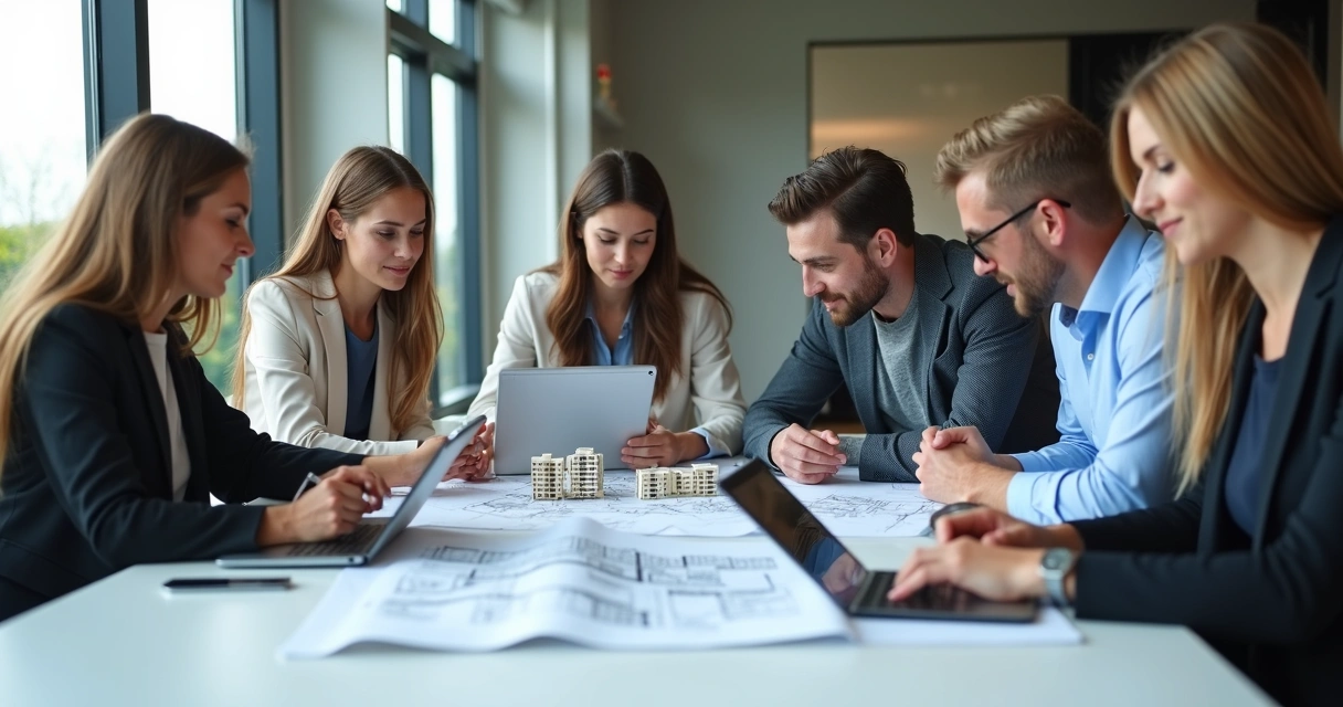 Equipe planejando implantação de mercado dentro de condomínio residencial 