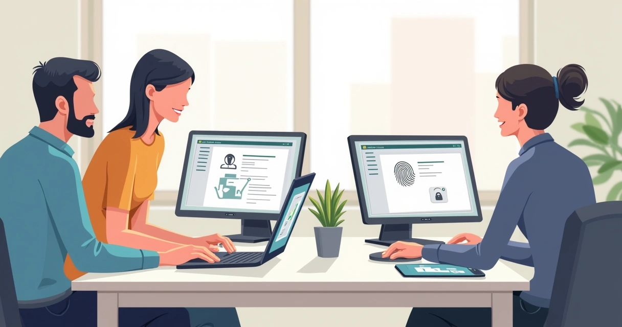 Equipe de escritório configurando autenticação multifator em notebooks 
