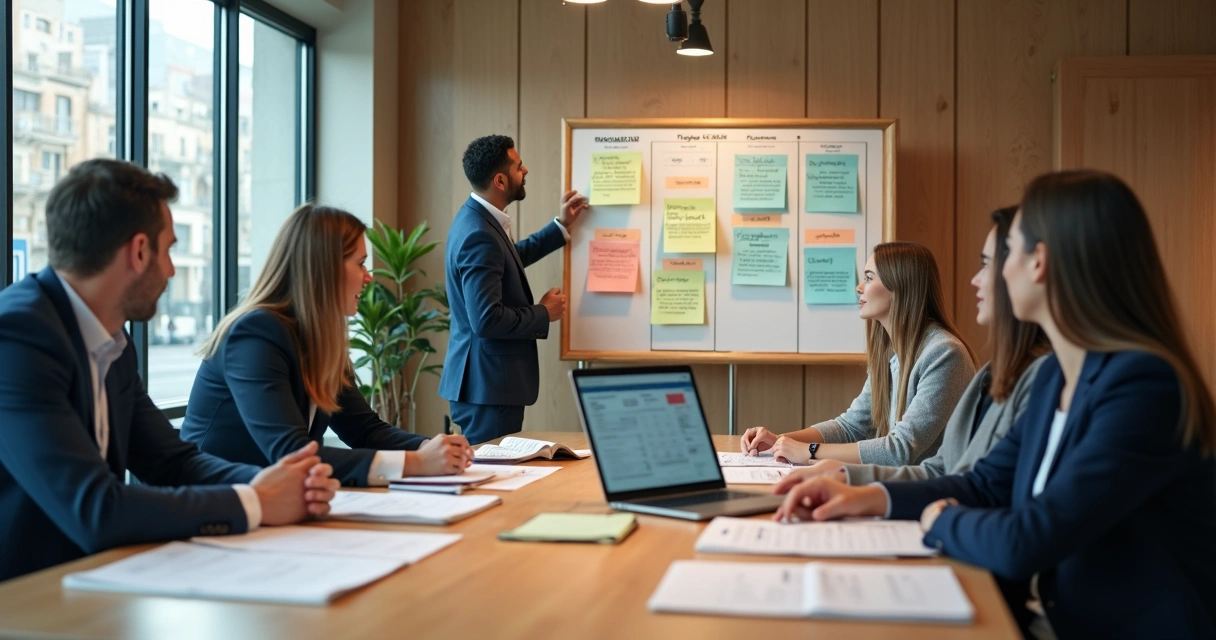 Gestores de hotel montando painel com etapas para implementação de PMS 