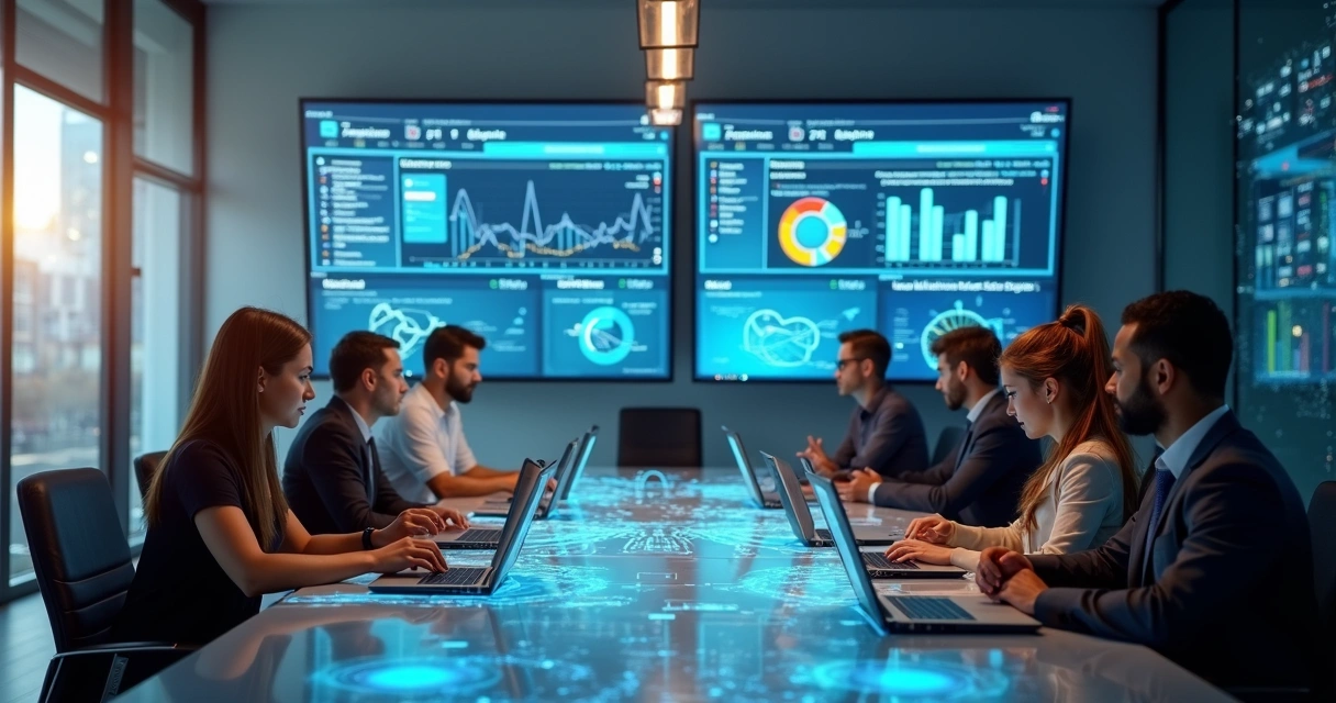 Profissionais em reunião com telas de computador exibindo interface do Power Apps em ambiente corporativo moderno 