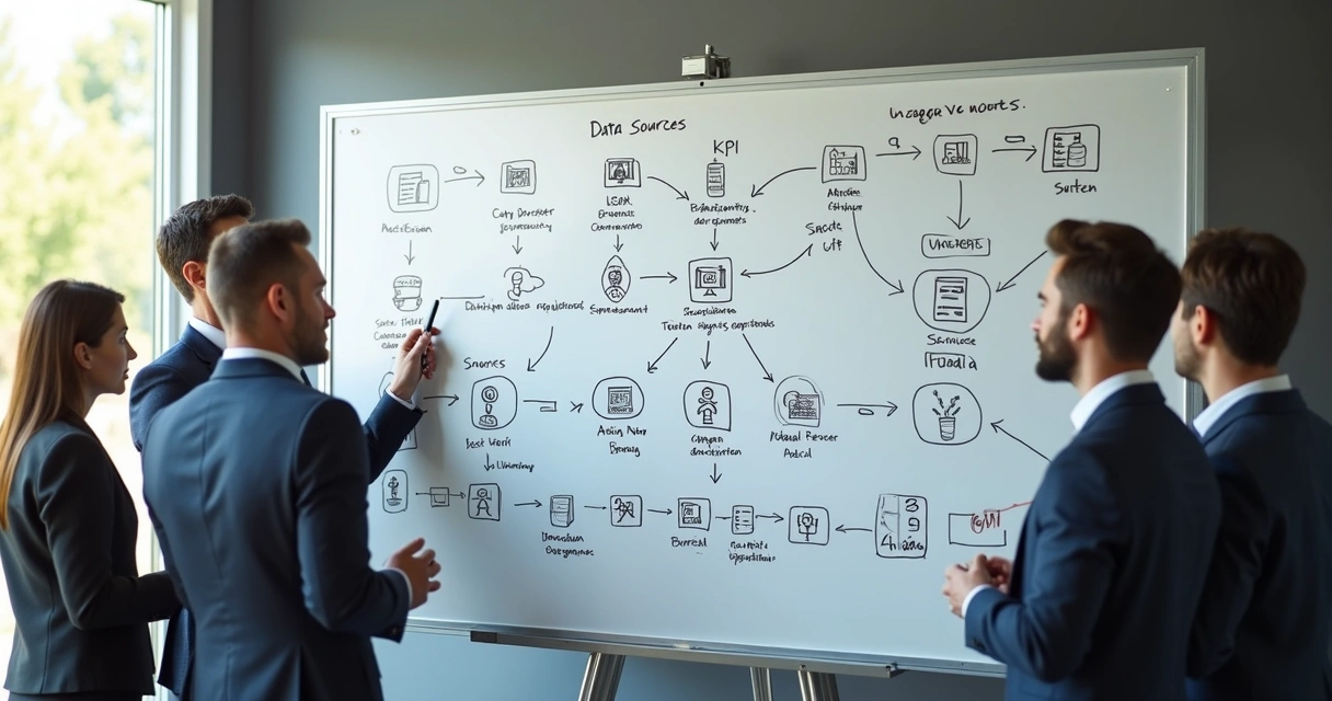 Fluxo desenhado em quadro branco do processo de inteligência de mercado, com equipes reunidas 