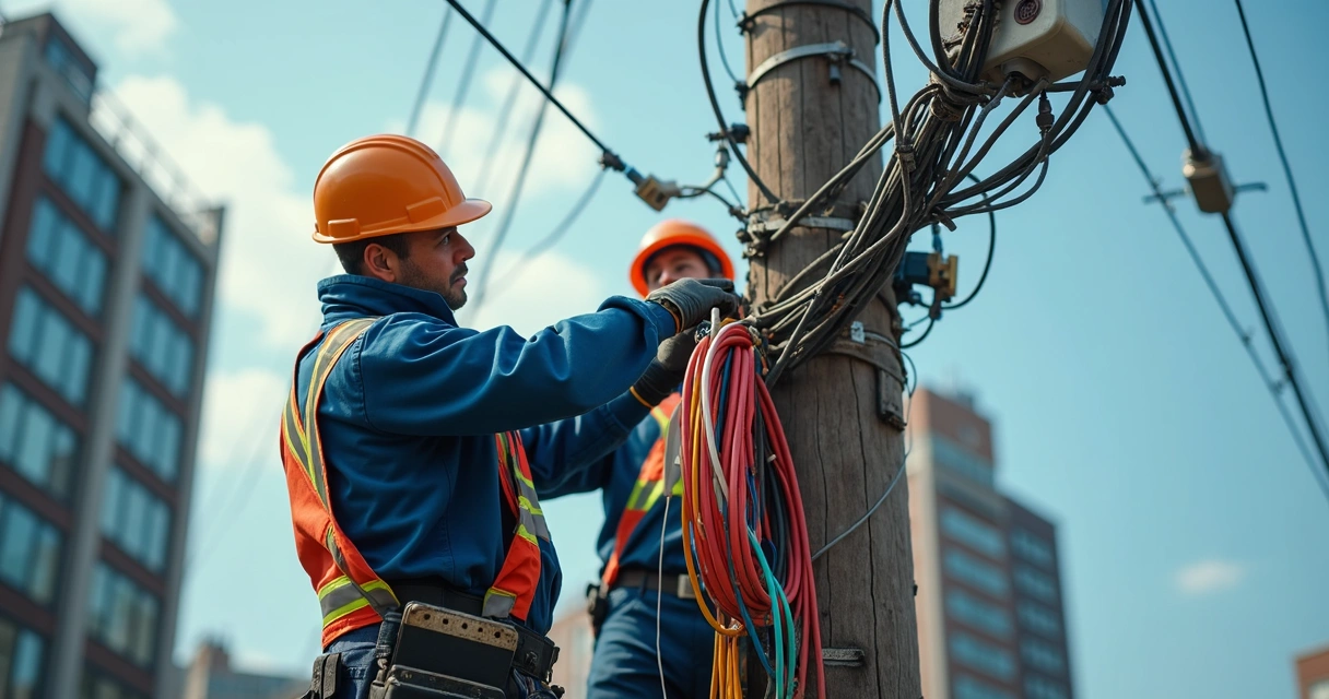 Técnicos instalando fibra óptica em poste de rua urbana