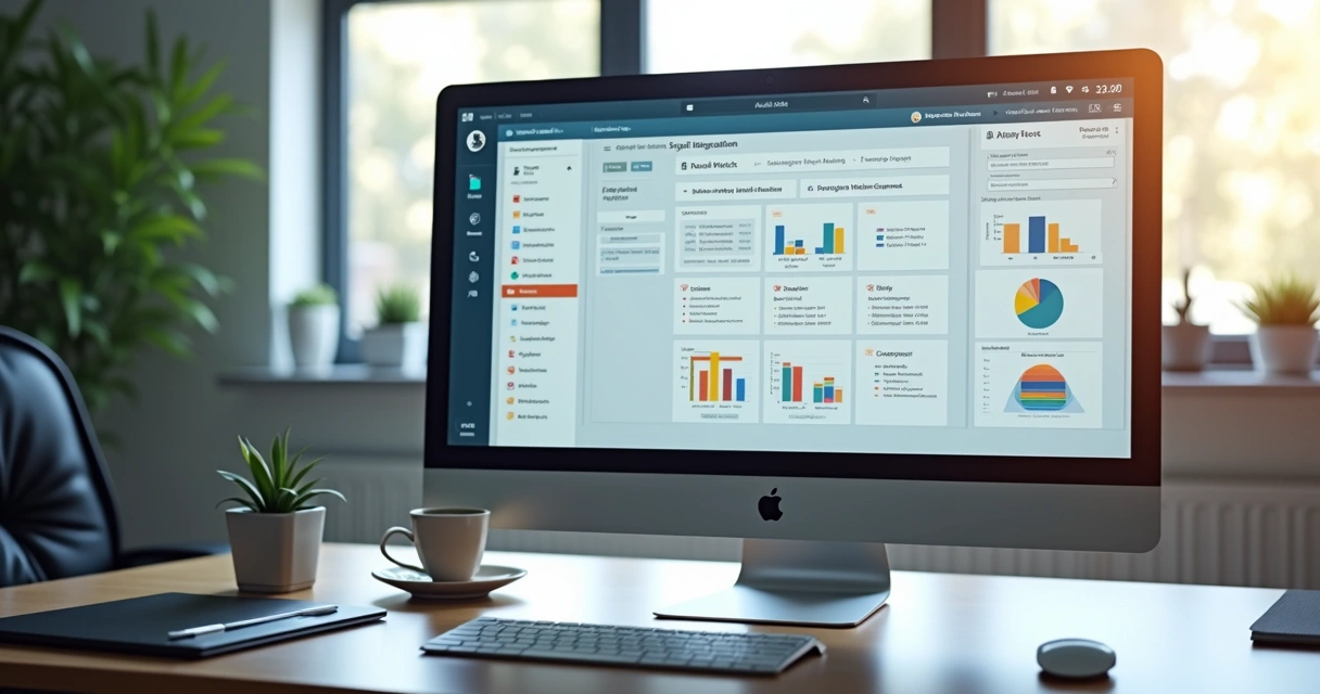 Tela digital mostrando interface de gestão de projetos com gráficos e tarefas organizadas em nuvem 