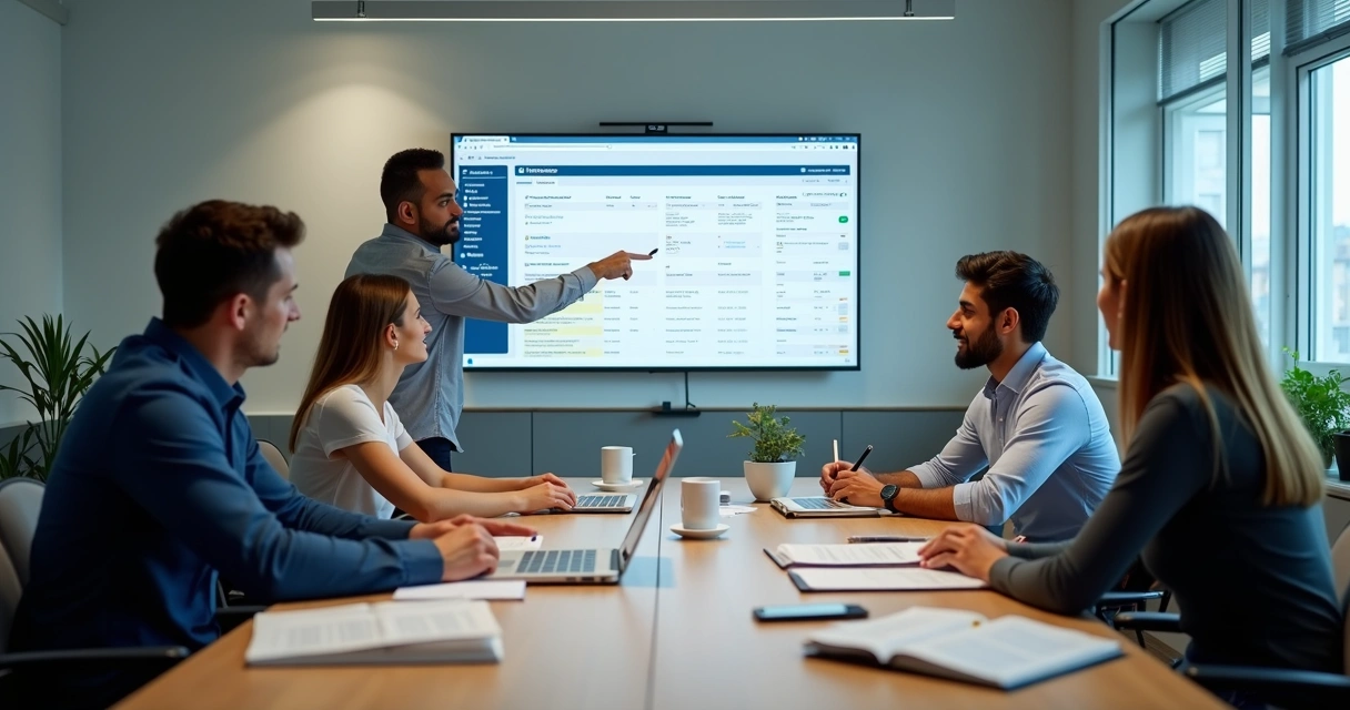 Pequena equipe aprendendo sistema de gestão em reunião 
