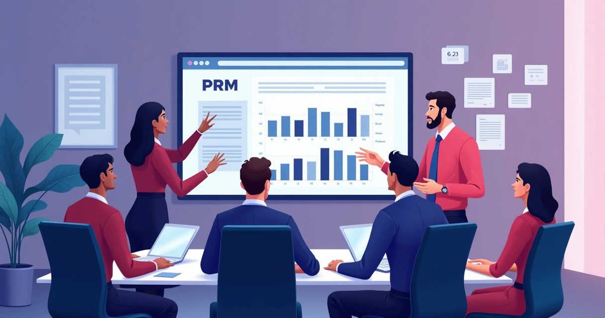 Processo de implantação de sistema PRM em ilustração com equipe reunida 