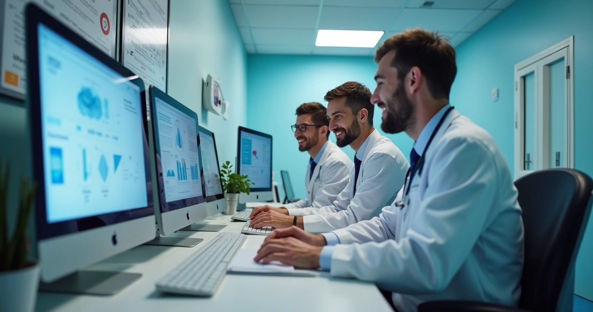 Equipe implantando software em clínica médica 