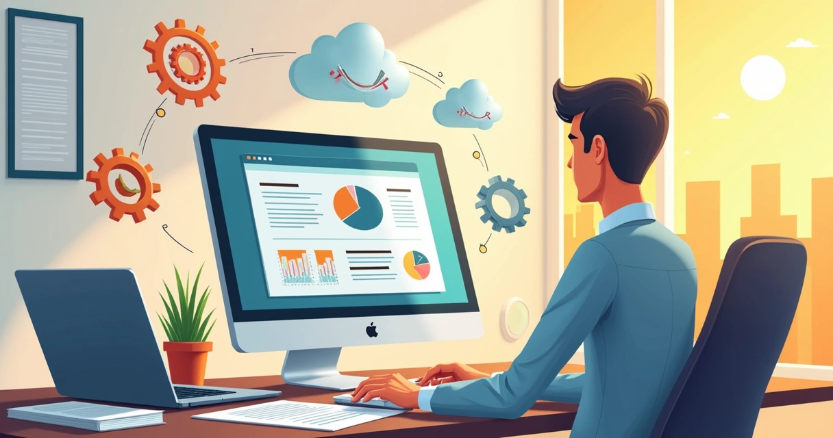 Empresário configurando novo software de contabilidade em notebook 