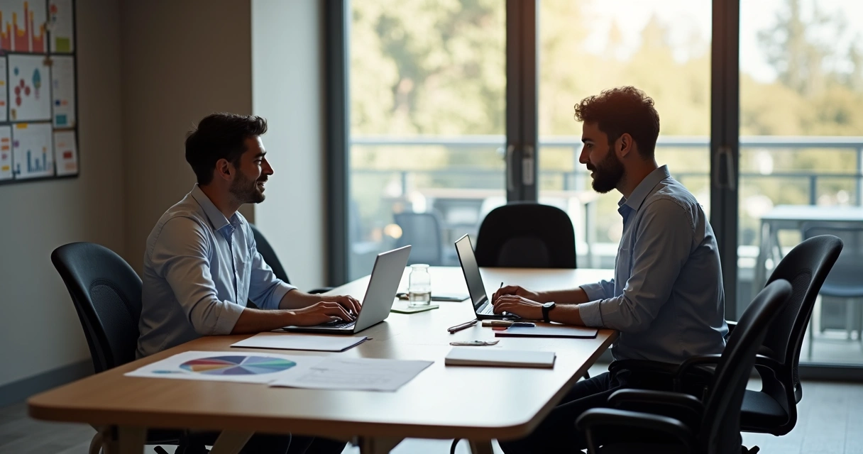 Dois profissionais analisando cronogramas de projeto e prazos com laptops 
