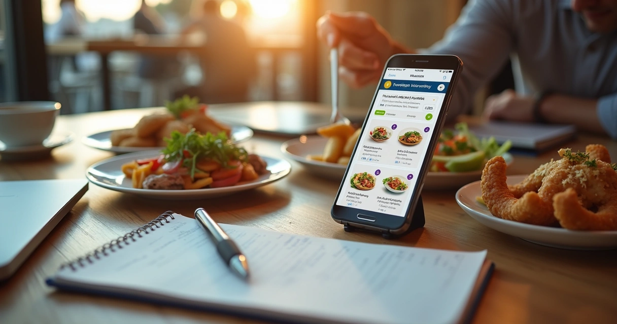 Mesa com smartphone exibindo aplicativo de delivery, cardápio digital na tela, ao lado pratos de comida e anotações de planejamento 