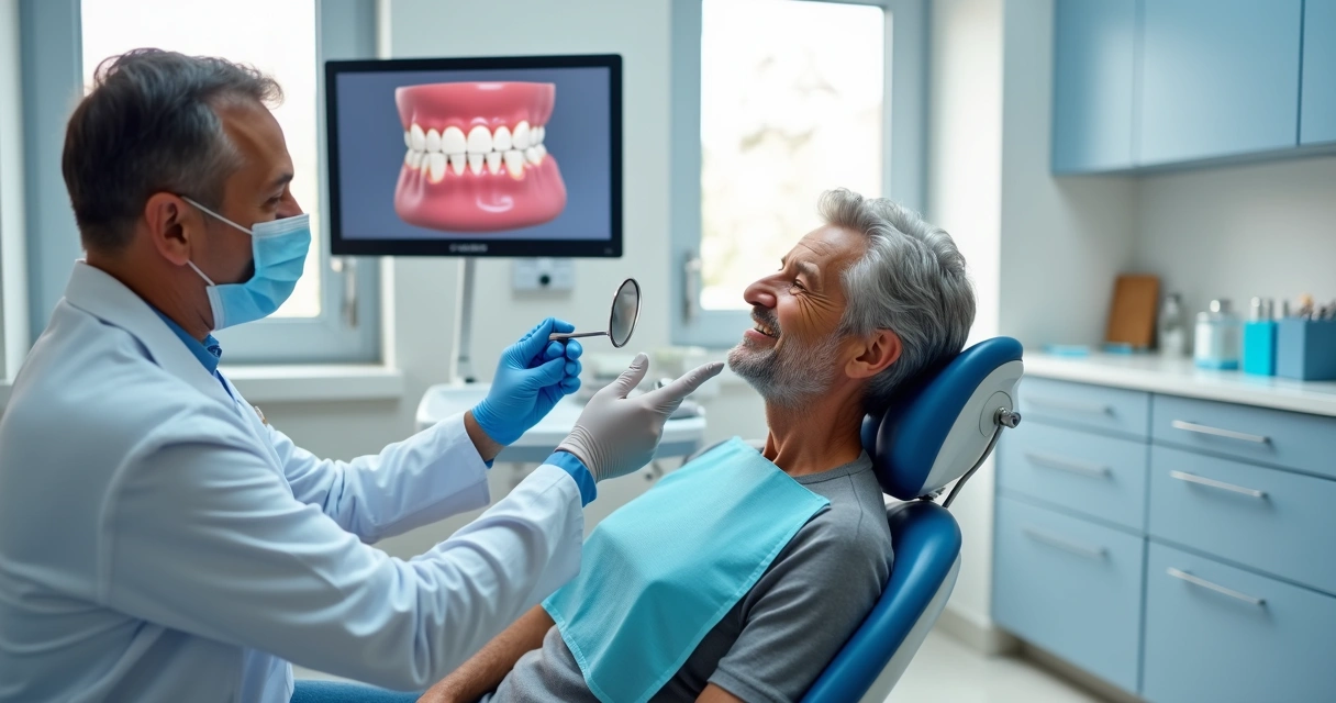 Dentista mostrando resultado de implante de carga imediata para paciente sorridente na cadeira odontológica 