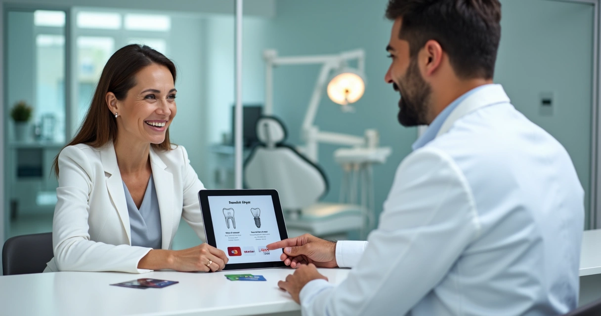 Dentista mostrando opções de parcelamento em cartão para paciente sorrindo na clínica 