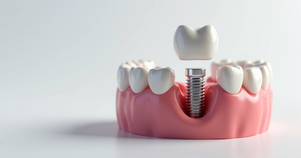 Implante dentário com coroa em modelo de arcada 
