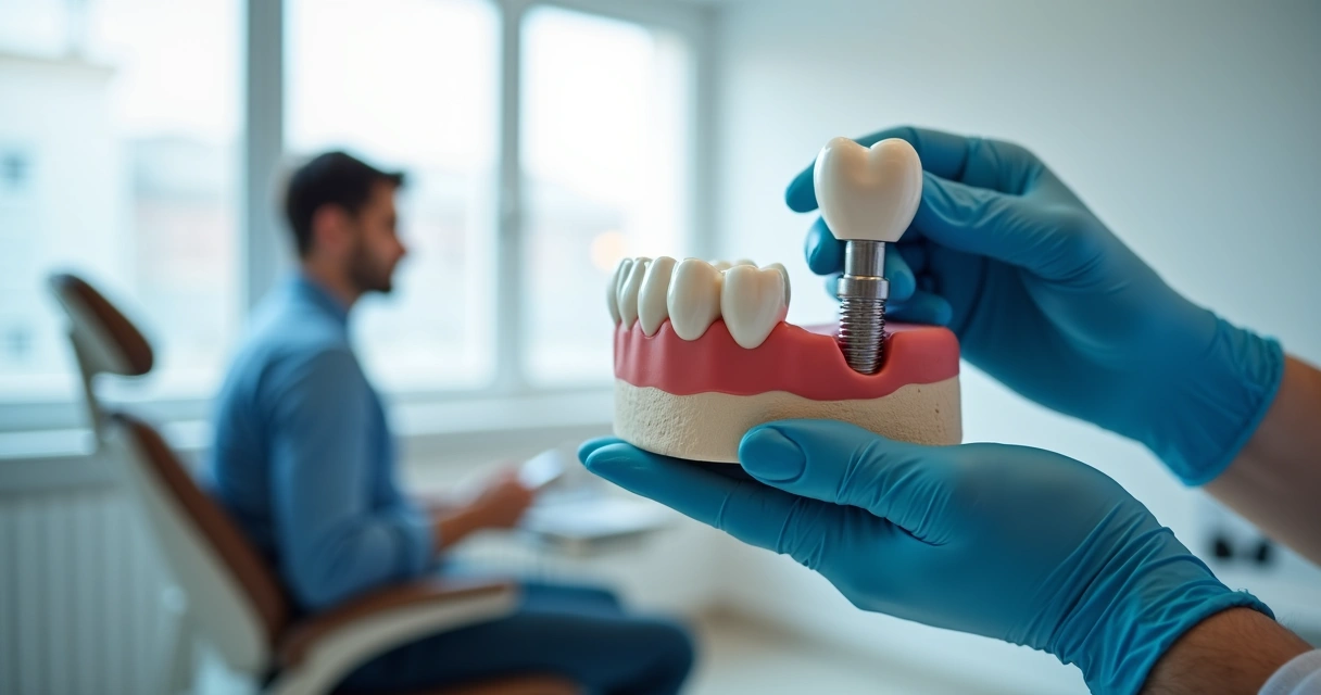 Dentista segurando modelo de implante dental com paciente ao fundo 