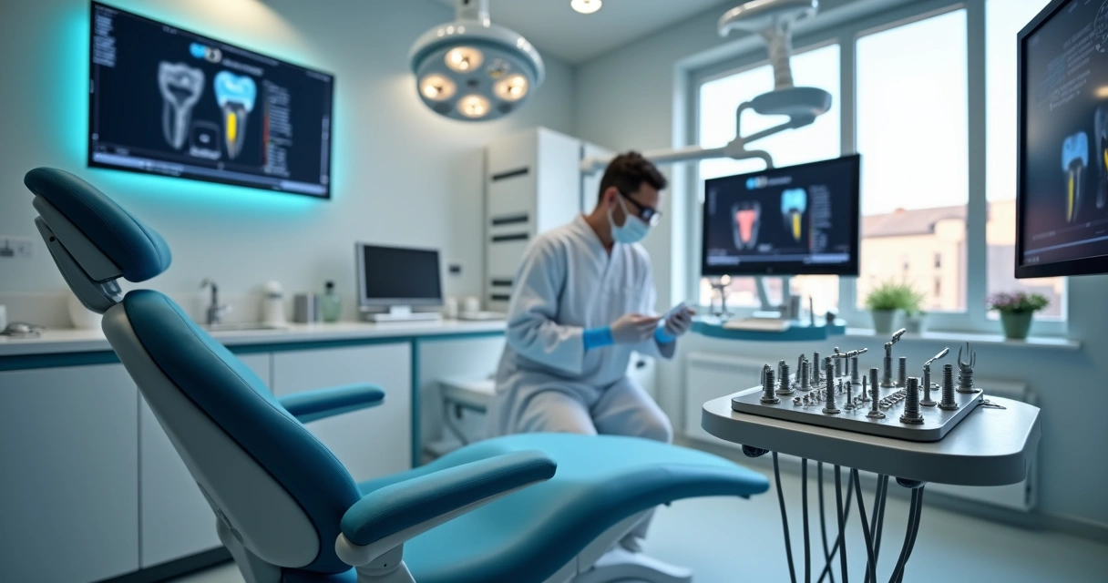 Consultório odontológico moderno com equipamentos de implante dentário de alta tecnologia 